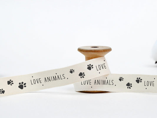 Love Animals Paw Print Ribbon - 20 Yards, 5/8” (15 mm), 100% Cotton Wrapping Tape for Natural Pet Gifts, Handmade Sew-in Cat & Dog Textile Products