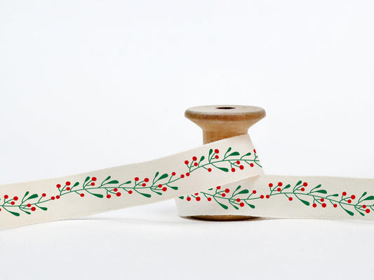 Garland Print Ribbon, 20 Yards - 5/8” (15 mm) Red Holly & Green Leaves Ribbon, Wrapping Tape for New Year Gifts and Favors, Classic Christmas Ribbon