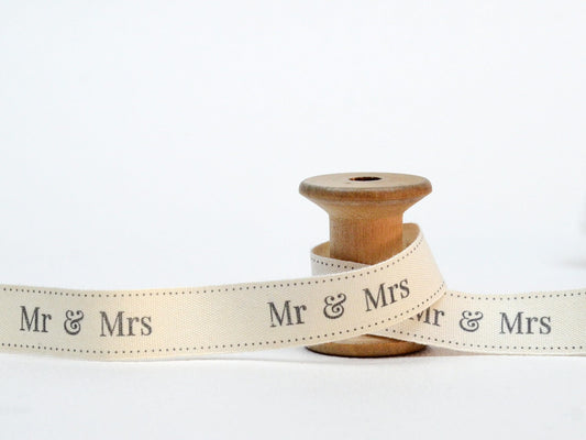 Mr & Mrs Printed Ribbon - 20 Yards, 5/8” (15 mm), 100% Natural Cotton Ribbon, Natural Tape for Wedding Gifts and Favors, Printed Fabric Wrapping Ribbon