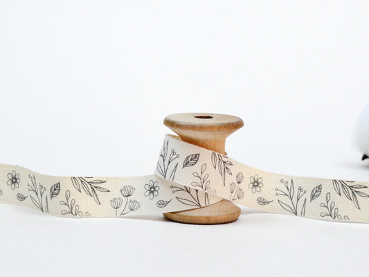 Floral Printed Ribbon - 20 Yards, 5/8” (15 mm), 100% Cotton Wrapping Tape for Natural Gifts, Favors, Hand-Drawn Cotton Ribbon Handmade Sew-in Baby Products