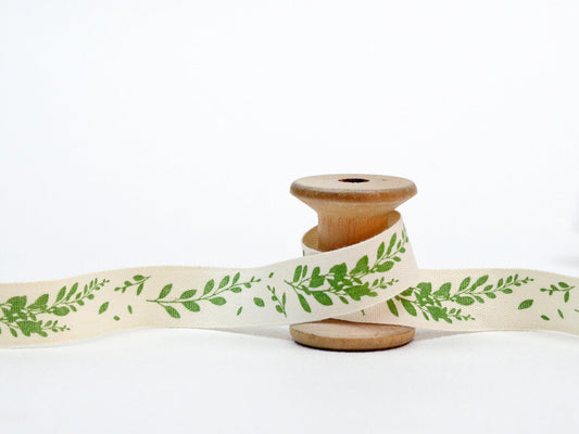 Green Leaves Printed Ribbon - 20 Yards, 5/8” (15 mm), 100% Cotton Wrapping Tape for Natural Gifts, Favors, Cotton Ribbon, Handmade Sew-in Baby Products