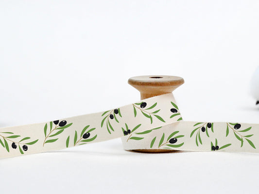 Olive Leaf Ribbon - 20 Yards, 5/8” (15 mm), 100% Cotton Wrapping Tape for Natural Gifts, Favors, Olive Leaves Print Unbleached Ribbon for Your Products