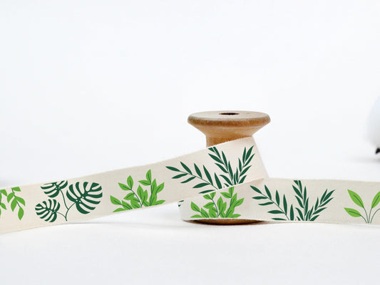 Botanical Print Ribbon - 20 Yards, 5/8” (15 mm), 100% Cotton Wrapping Tape for Natural Gifts, Unbleached Botanical Leaves Ribbon for Your Products