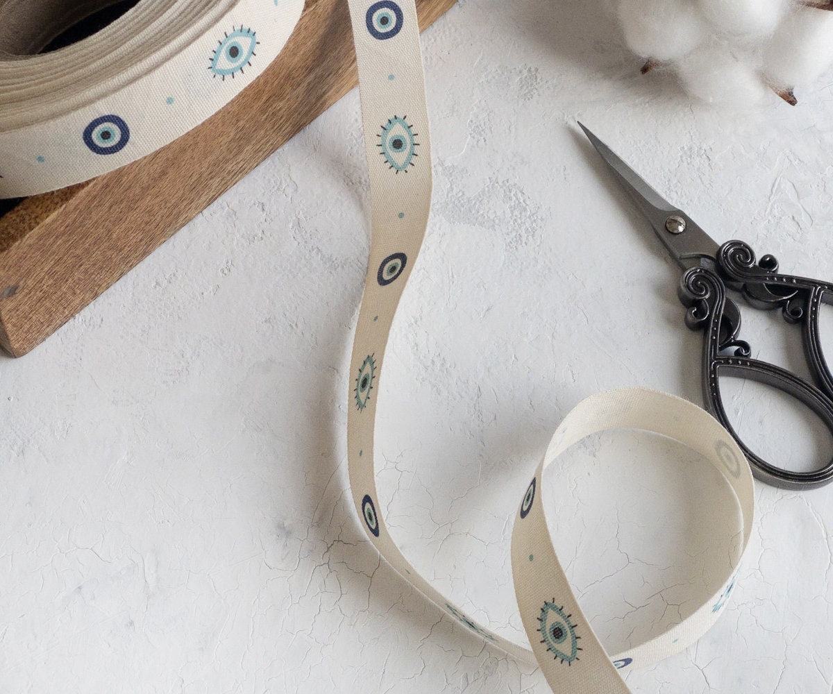 Blue Evil Eye Cotton Ribbon - 5/8" (15 mm), 10 Yards | Nazar Amulet Tape for Gifts, Greek Wedding, Lucky Favor Wrap