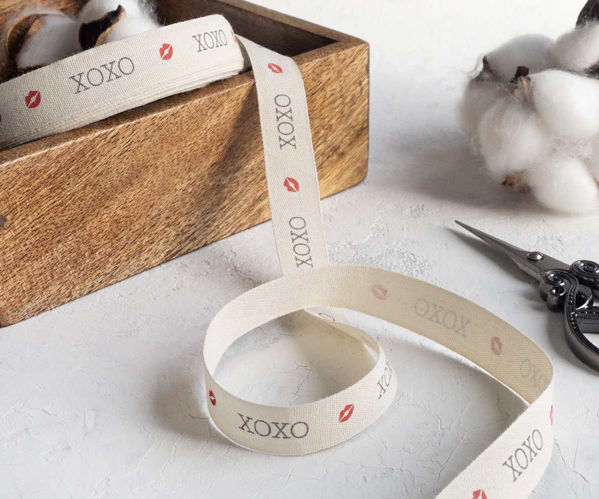 XOXO & Kiss Ribbon - 5/8” (15 mm), 10 yards (9 m) Cotton Tape for Valentine’s Gifts, Romantic Packaging, Love Notes, Red Lips Decor