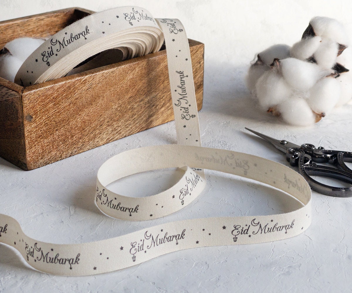 Eid Mubarak Ribbon - 5/8” (15 mm), 10 yards (9 m) Ramadan Cotton Tape for Gift Wrapping, Iftar Favors, Sahur Decor, Muslim Holiday Gifts