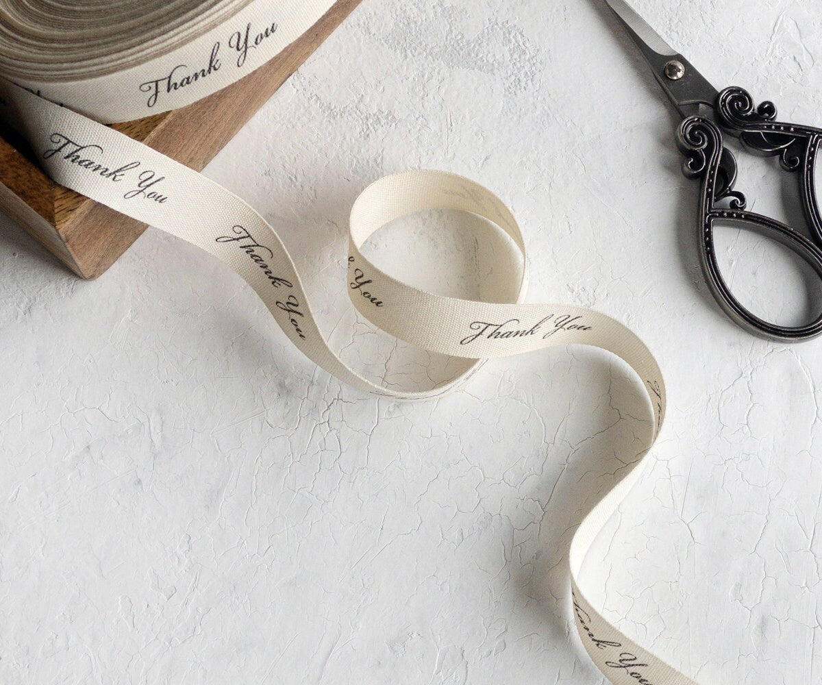 Thank You Cotton Ribbon - 5/8” (15 mm), 10 yards (9 m) Gift Wrap, Customer Thank You Tape, Wedding Favor, Small Business Packaging