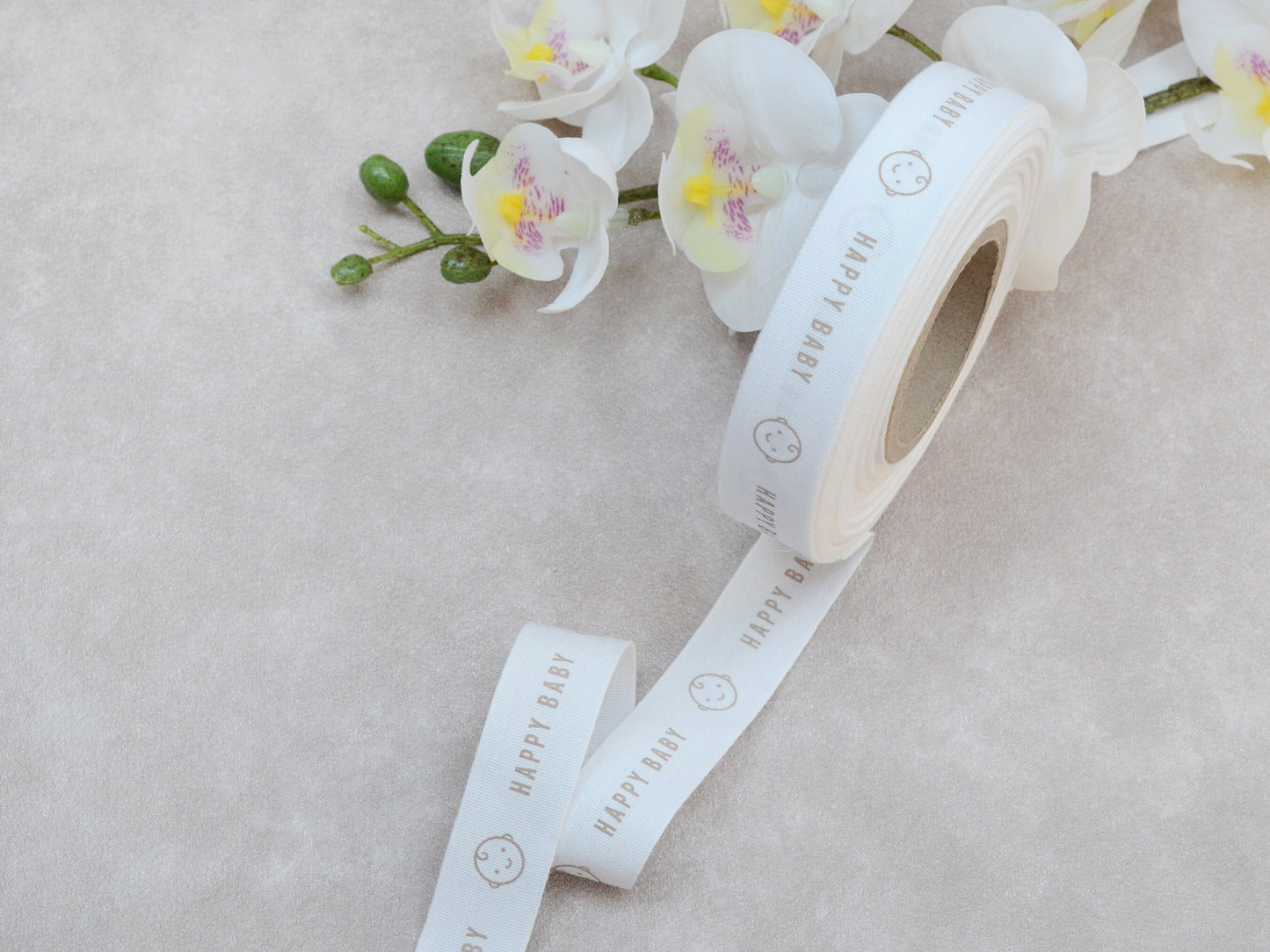 Happy Baby Cotton Ribbon - 3/4” (20 mm), 10 yards (9 m) White Printed Natural Cotton Tape for Baby Shower, Newborn Gifts & Organic Textiles