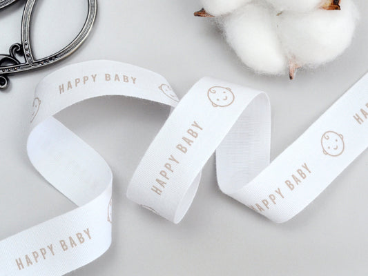 Happy Baby Cotton Ribbon - 3/4” (20 mm), 10 yards (9 m) White Printed Natural Cotton Tape for Baby Shower, Newborn Gifts & Organic Textiles