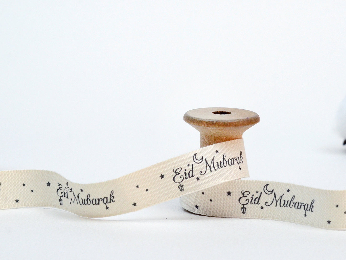 Eid Mubarak Ribbon - 5/8” (15 mm), 10 yards (9 m) Ramadan Cotton Tape for Gift Wrapping, Iftar Favors, Sahur Decor, Muslim Holiday Gifts