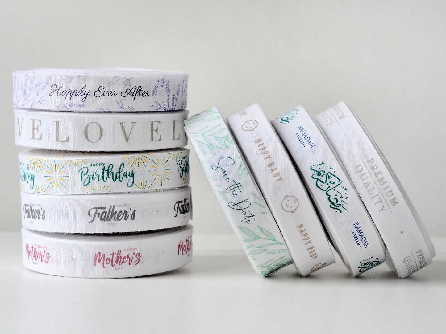 Happy Baby Cotton Ribbon - 3/4” (20 mm), 10 yards (9 m) White Printed Natural Cotton Tape for Baby Shower, Newborn Gifts & Organic Textiles