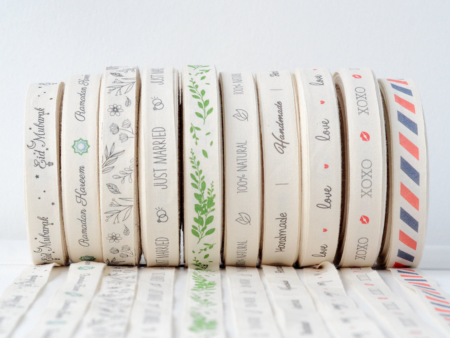 Eid Mubarak Ribbon - 5/8” (15 mm), 10 yards (9 m) Ramadan Cotton Tape for Gift Wrapping, Iftar Favors, Sahur Decor, Muslim Holiday Gifts