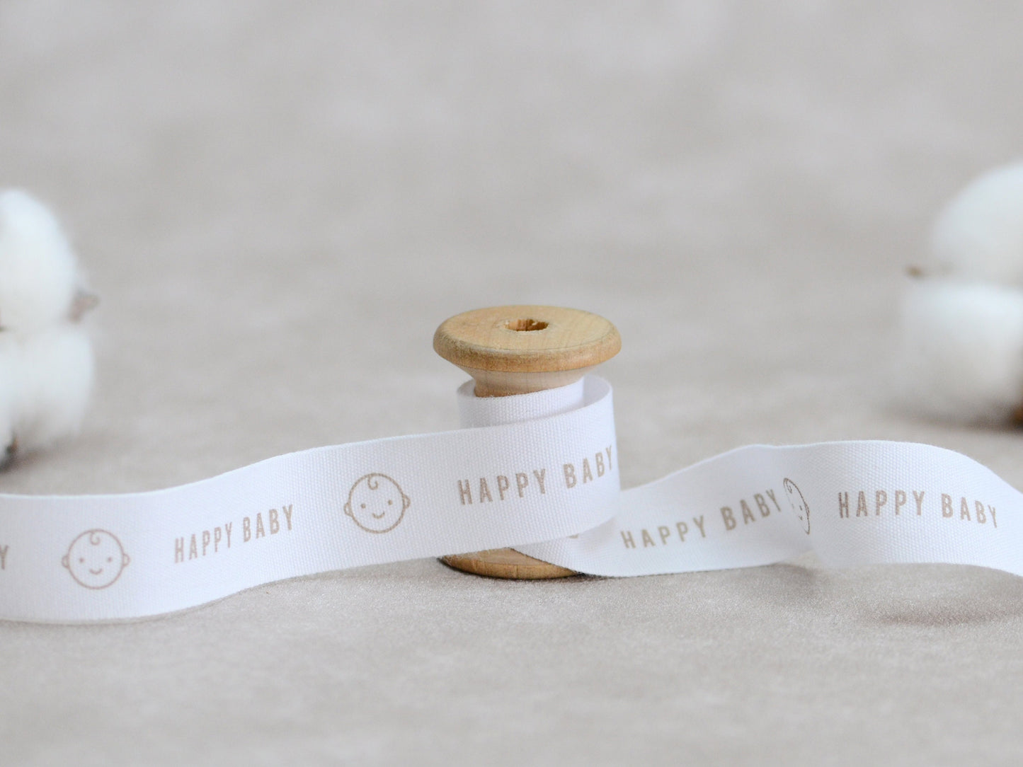 Happy Baby Cotton Ribbon - 3/4” (20 mm), 10 yards (9 m) White Printed Natural Cotton Tape for Baby Shower, Newborn Gifts & Organic Textiles
