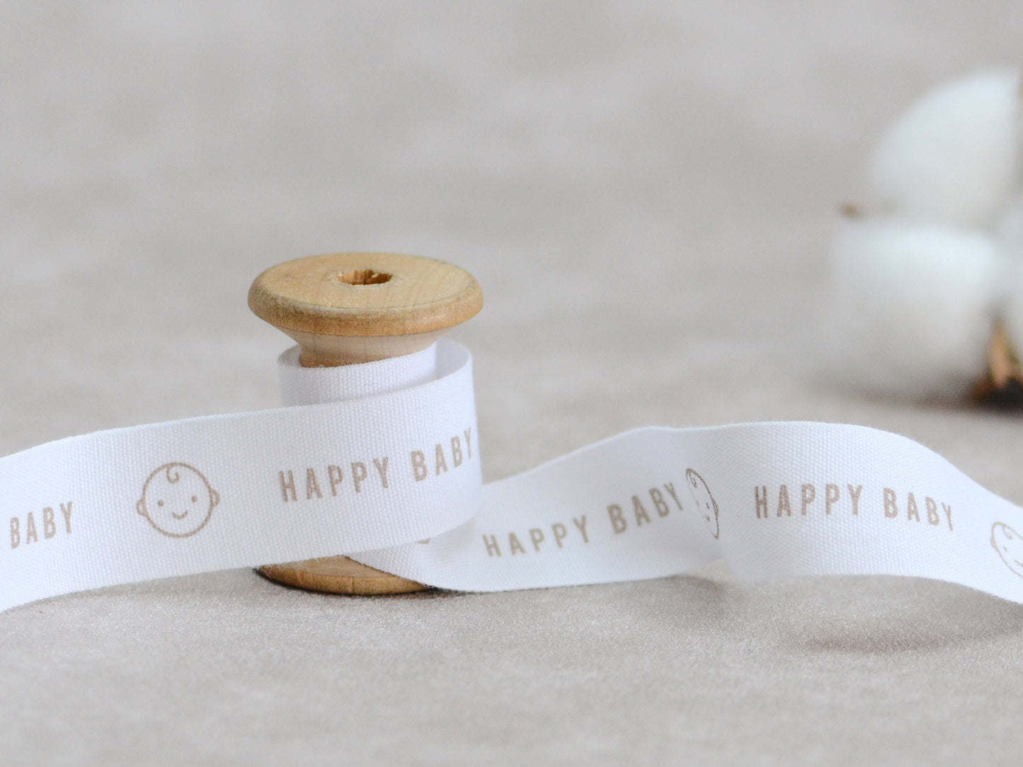 Happy Baby Cotton Ribbon - 3/4” (20 mm), 10 yards (9 m) White Printed Natural Cotton Tape for Baby Shower, Newborn Gifts & Organic Textiles