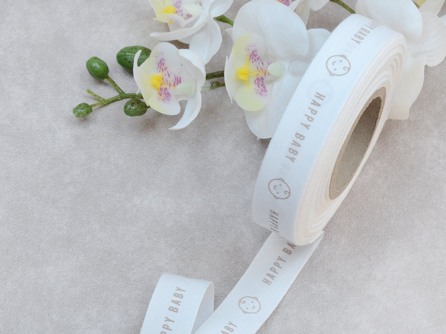 Happy Baby Cotton Ribbon - 3/4” (20 mm), 10 yards (9 m) White Printed Natural Cotton Tape for Baby Shower, Newborn Gifts & Organic Textiles