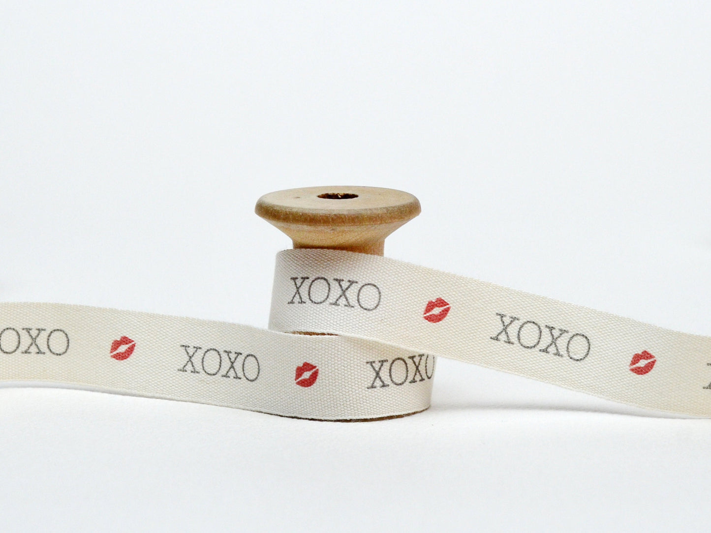 XOXO & Kiss Ribbon - 5/8” (15 mm), 10 yards (9 m) Cotton Tape for Valentine’s Gifts, Romantic Packaging, Love Notes, Red Lips Decor