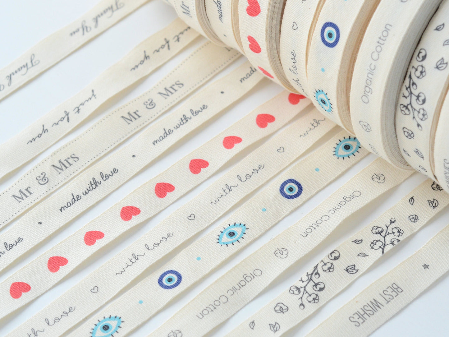 Cotton Plant Printed Ribbon - 5/8” (15 mm), 10 yards (9 m) Natural Cotton Label for Organic Packaging, Sewing & Baby Items