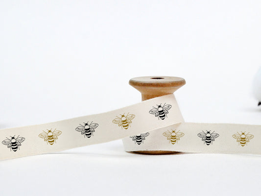 Bee Printed Cotton Ribbon - 5/8” (15 mm), 10 yards (9 m) Natural Cotton Craft Tape for Eco Wrapping, Garden Gifts & Rustic Packaging