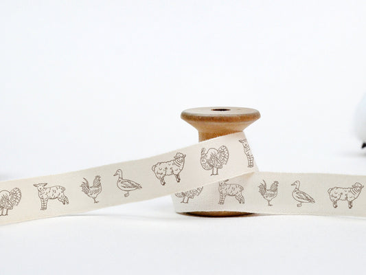 Farmhouse Animal Cotton Ribbon - 5/8” (15 mm), 10 yards (9 m) Country Farm Natural Tape for Rustic Wrapping, Handmade Gifts, Farmhouse Decor