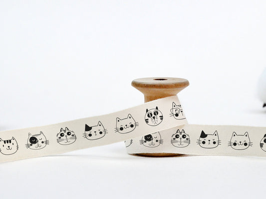 Cats Cotton Ribbon - 5/8” (15 mm), 10 yards (9 m) Natural Tape for Wrapping, Packaging, Gifts, Pet Lovers, Cat Party, Cute Crafts