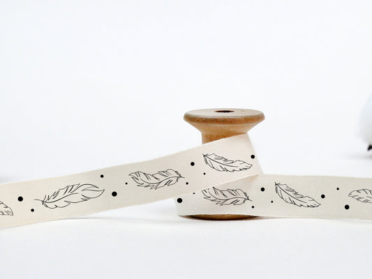 Feather Ribbon - 5/8” (15 mm), 10 yards (9 m) Cotton Tape for Boho Wrapping, Bohemian Decor, Elegant Labels, DIY Projects