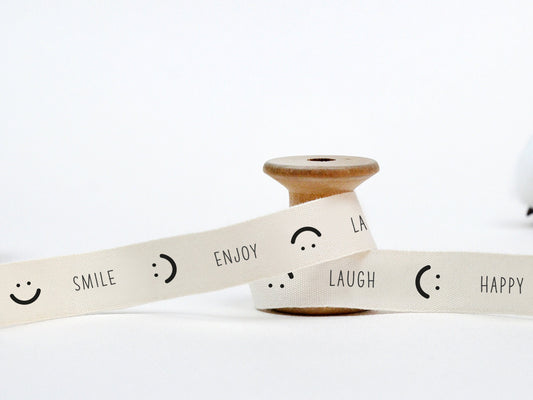 Smile Ribbon with Happy Words - 5/8” (15 mm), 10 yards (9 m) Cotton Tape for Positive Packaging, Cheerful Gifts, Laugh & Enjoy Wrap