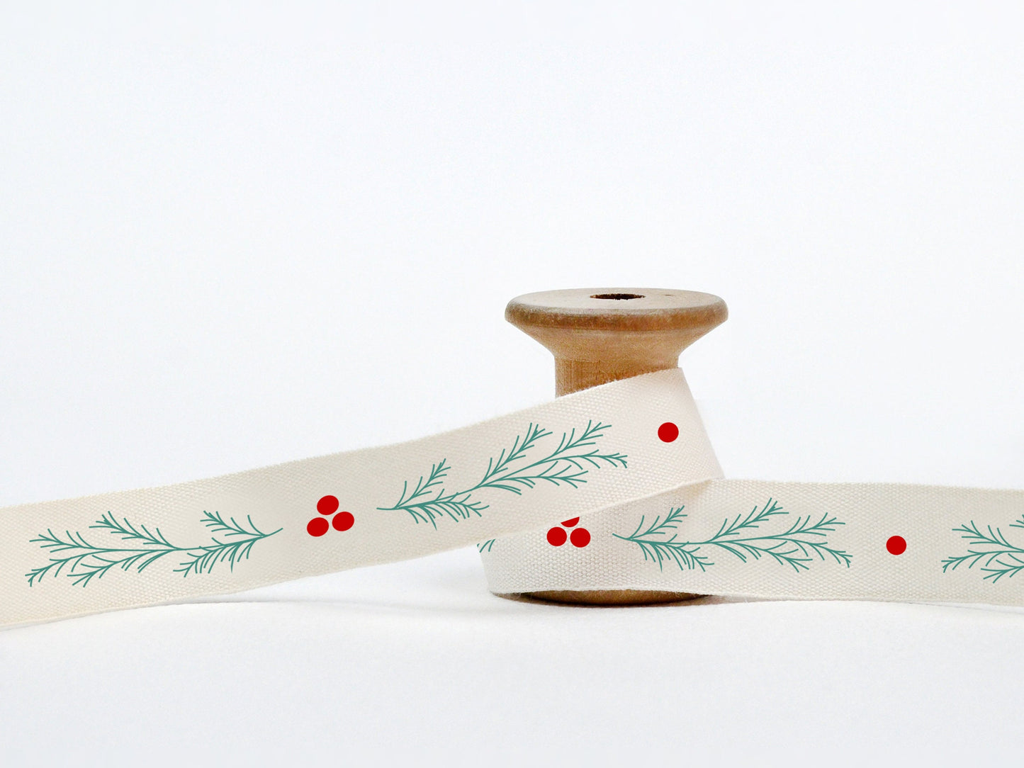 Festive Christmas Ribbon, Berry & Pine - 5/8” (15 mm), 10 yards (9 m) Cotton Tape for Gifts, Holly Wrap, Holiday Favors, Seasonal Decor