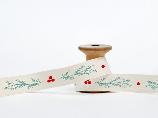 Festive Christmas Ribbon, Berry & Pine - 5/8” (15 mm), 10 yards (9 m) Cotton Tape for Gifts, Holly Wrap, Holiday Favors, Seasonal Decor