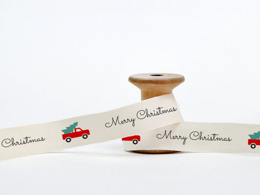 Merry Christmas Ribbon, Vintage Red Truck & Pine - 5/8” (15 mm), 10 yards (9 m) Cotton Tape for New Year Gifts, Holiday Wrap, Festive Favors