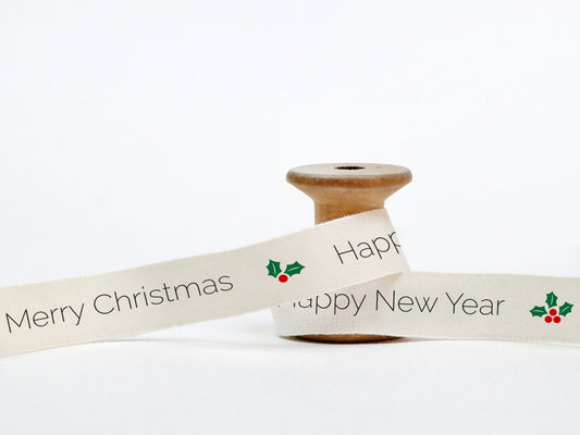 Merry Christmas, Happy New Year & Holly Ribbon - 5/8” (15 mm), 10 yards (9 m) Cotton Tape for Gift Wrap, Shop Packaging, Corporate Gifts