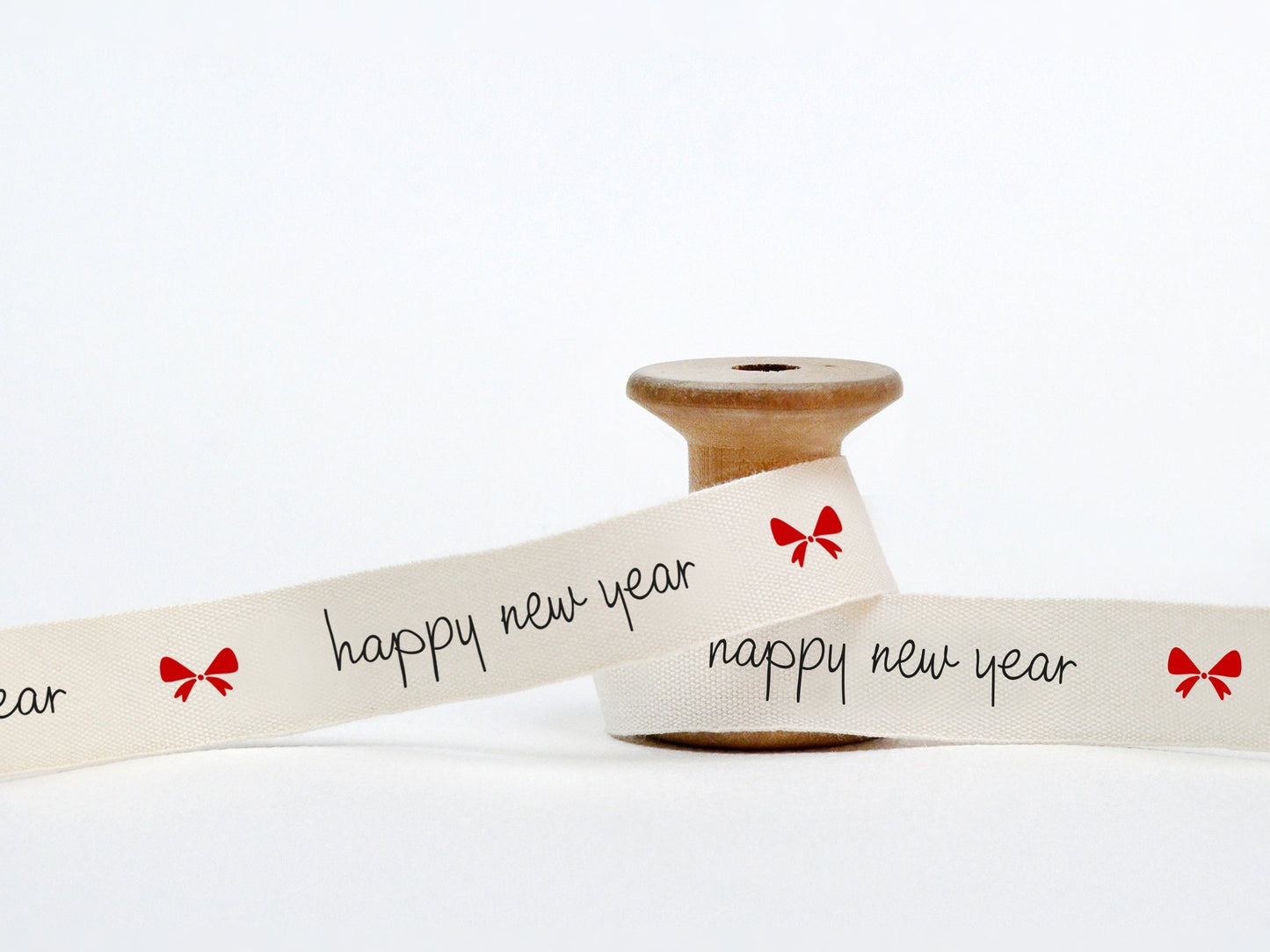 Red Bow Ribbon, Happy New Year - 5/8” (15 mm), 10 yards (9 m) Cotton Tape for New Year Gifts, Holiday Wrap, Christmas Favors, Festive Decor