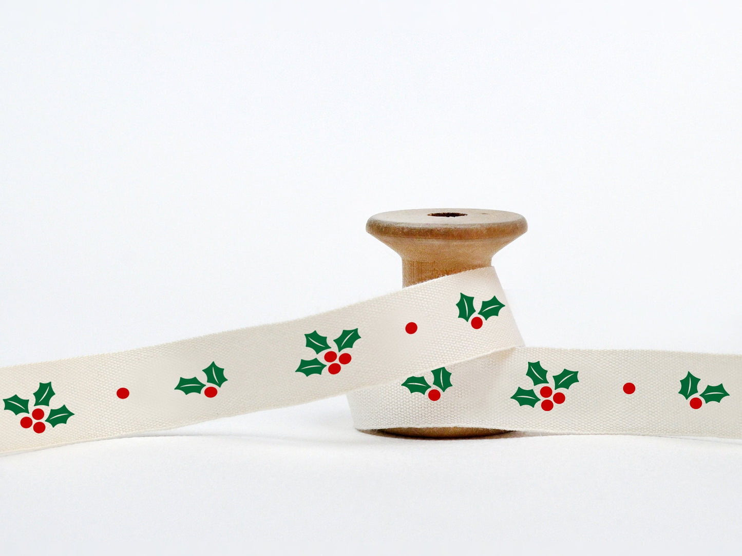Holly Flower Ribbon - 5/8” (15 mm), 10 yards (9 m) Cotton Tape for New Year Gifts, Cookie Packaging, Candle Wrap, Christmas Favors