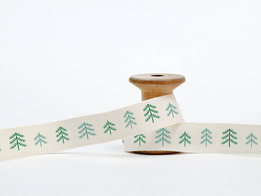 Pine Tree Ribbon - 5/8” (15 mm), 10 yards (9 m) Cotton Tape for Christmas Trees Decor, Gift Wrap, Candle Packaging, New Year Favors