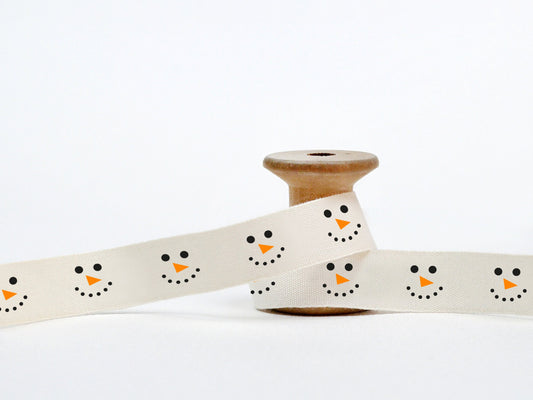 Snowman Print Ribbon - 5/8” (15 mm), 10 yards (9 m) Cotton Tape for Christmas Wrapping, New Year Gifts, Cookie Boxes, Candle Packaging