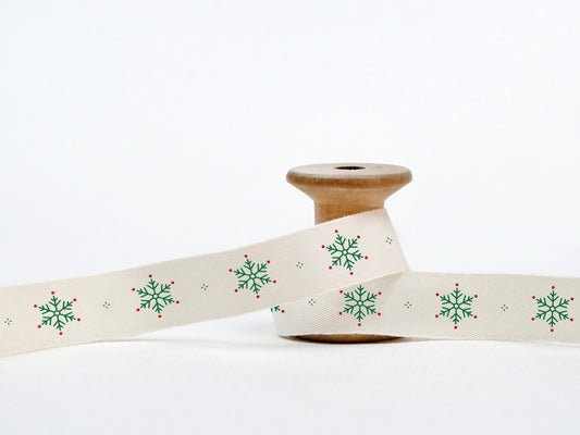 Snowflakes Print Cotton Ribbon - 5/8” (15 mm) 100% Cotton Red-Green Christmas Snowflakes, Wrapping Tape for New Year Gifts, Candles, Favors
