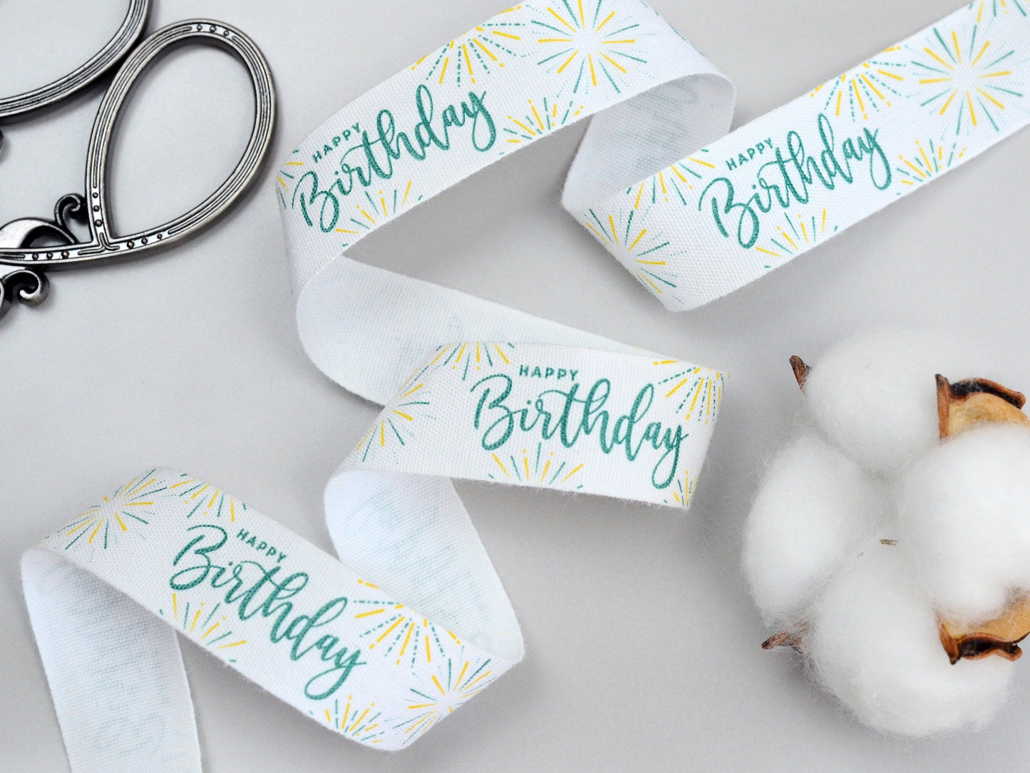 Happy Birthday Cotton Ribbon - 3/4” (20 mm), 10 yards (9 m) White Printed Natural Cotton Tape for Birthday Gift Wrapping & Party Decoration