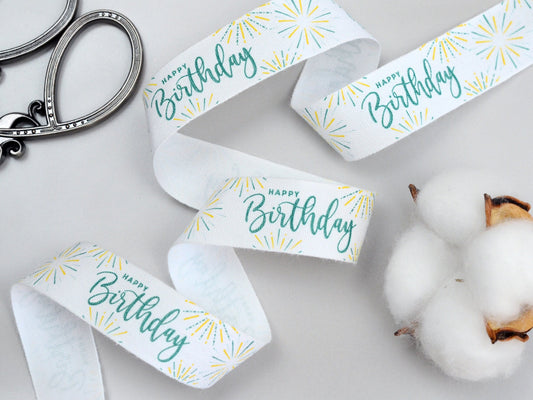 Happy Birthday Cotton Ribbon - 3/4” (20 mm), 10 yards (9 m) White Printed Natural Cotton Tape for Birthday Gift Wrapping & Party Decoration