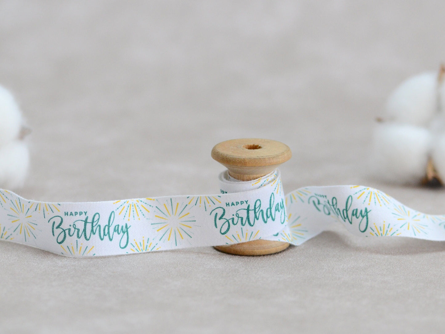 Happy Birthday Cotton Ribbon - 3/4” (20 mm), 10 yards (9 m) White Printed Natural Cotton Tape for Birthday Gift Wrapping & Party Decoration