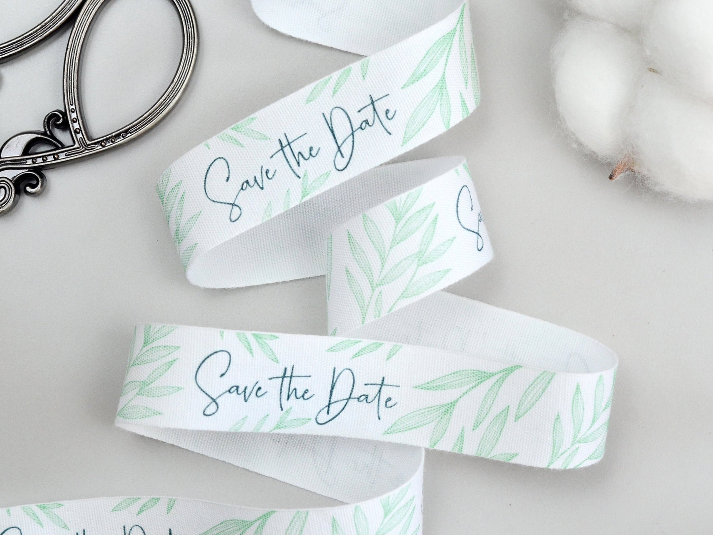 Save the Date Cotton Ribbon - 10 Yards - 3/4” (20 mm) White Wedding Announcement Ribbon with Green Leaves for Rustic Invitations & Gift Wrap
