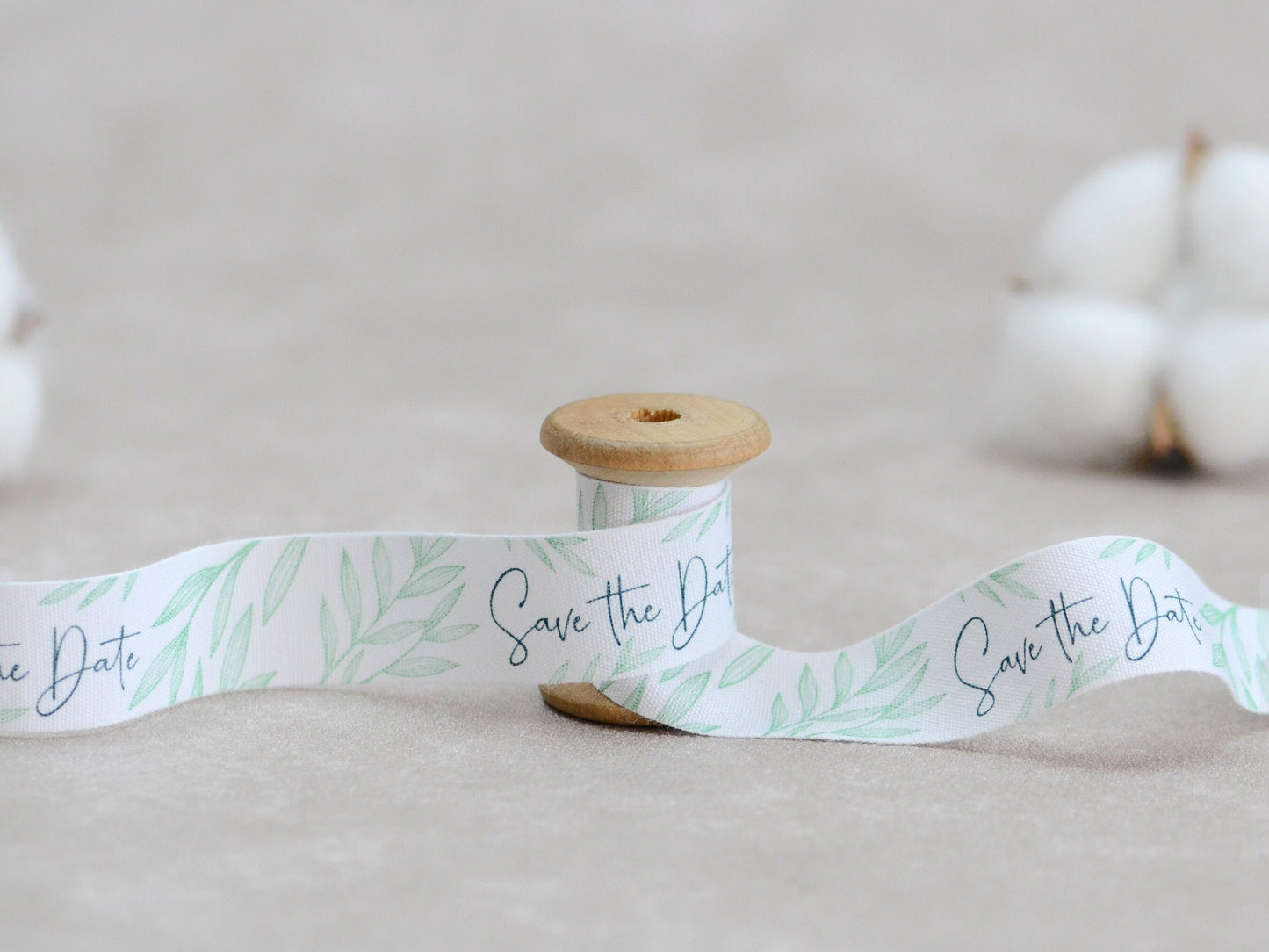 Save the Date Cotton Ribbon - 3/4” (20 mm), 10 yards (9 m) White Wedding Announcement Ribbon with Green Leaves for Rustic Invitations