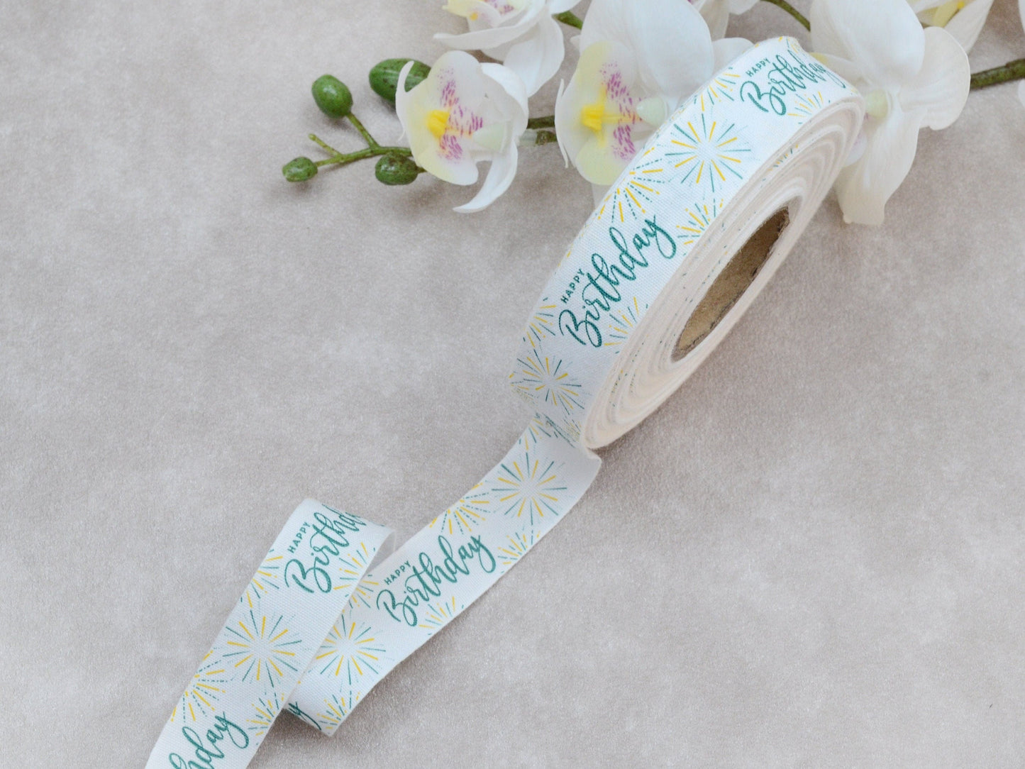 Happy Birthday Cotton Ribbon - 3/4” (20 mm), 10 yards (9 m) White Printed Natural Cotton Tape for Birthday Gift Wrapping & Party Decoration