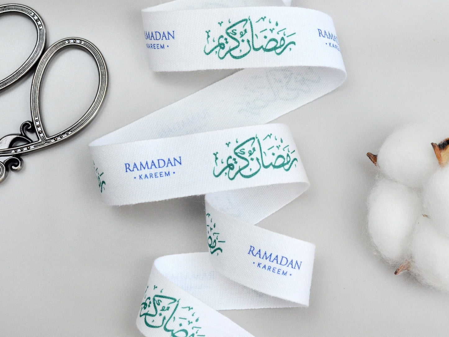 Ramadan Kareem Cotton Ribbon - 3/4” (20 mm), 10 yards (9 m) White Islamic Festive Tape for Eid Gift Wrapping, Holiday Crafts