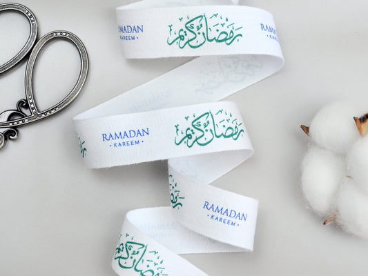 Ramadan Kareem Cotton Ribbon - 3/4” (20 mm), 10 yards (9 m) White Islamic Festive Tape for Eid Gift Wrapping, Holiday Crafts