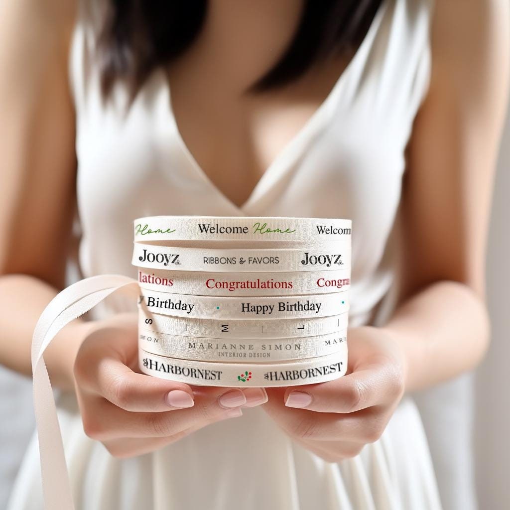 Custom cotton ribbon roll with personalized logo and text, natural white printed tape 100 yards for branding, wedding favors and gift packaging. Personalized cotton ribbon being displayed in hand, custom logo printed ribbon for small business packaging and boutique branding.