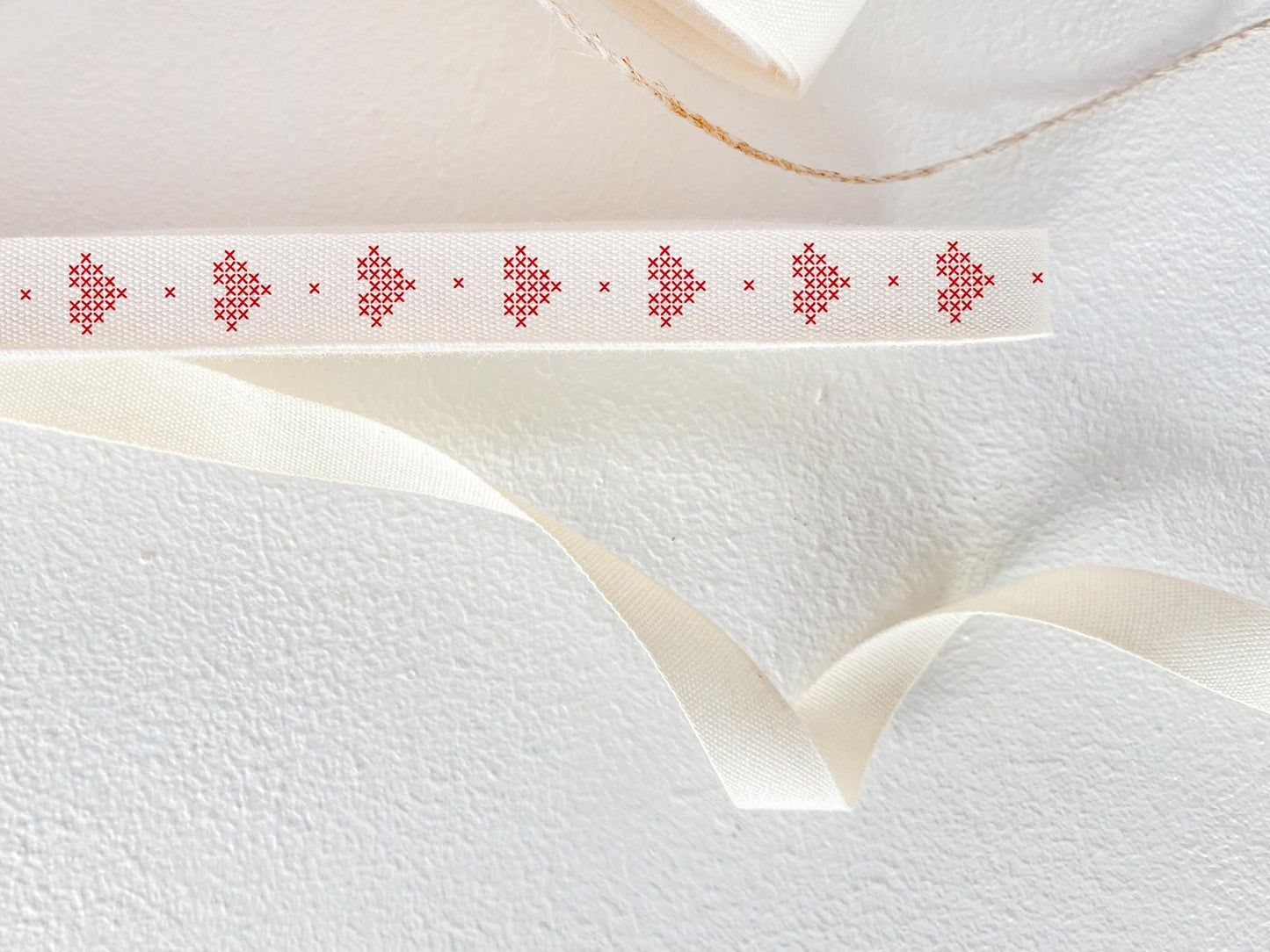 Red Cross Stitch Heart Cotton Ribbon - 3/8" (10 mm), 10 yards (9 m) Romantic Embroidery-Inspired Twill Tape for Wedding & Gift Wrapping