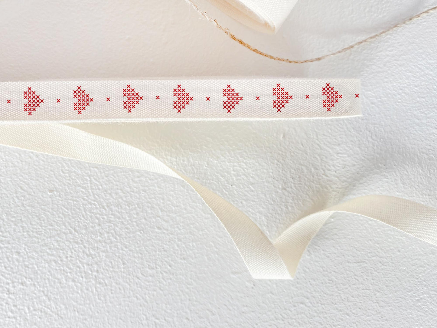 Red Cross Stitch Heart Cotton Ribbon - 3/8" (10 mm), 10 yards (9 m) Romantic Embroidery-Inspired Twill Tape for Wedding & Gift Wrapping