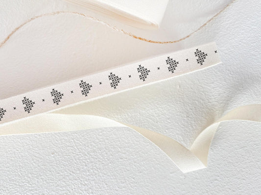 Black Cross Stitch Heart Cotton Ribbon - 3/8" (10 mm), 10 yards (9 m) Embroidered Style Twill Tape for Handmade & Gift Wrapping