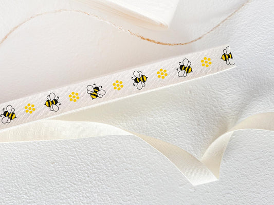 Bee Cotton Ribbon - 3/8" (10 mm), 10 yards (9 m) Eco-Friendly Twill Tape for Honey Packaging & Handmade Crafting