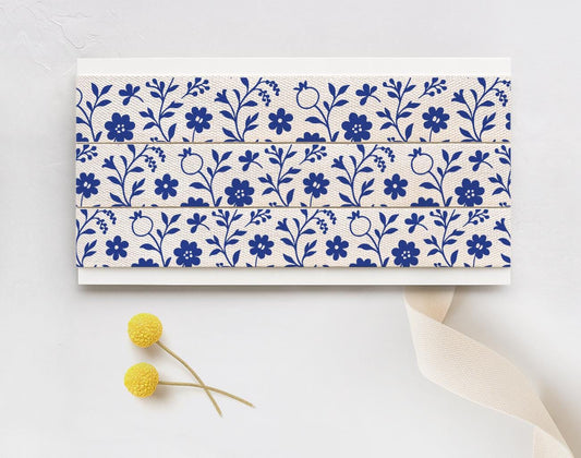 Blue China Floral Cotton Ribbon – 5/8” (15 mm) Porcelain-Inspired Navy Botanical Tape with Pomegranate & Vines