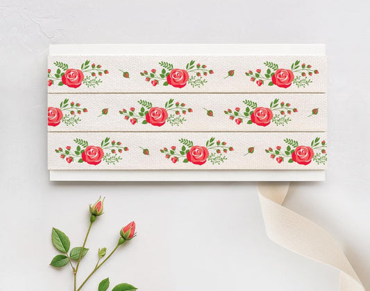Red Rose Cotton Ribbon - 5/8” (15 mm), 10 yards (9 m) Romantic Floral Tape for Wedding, Gift Wrapping, Valentine’s Day, Anniversary Gifts
